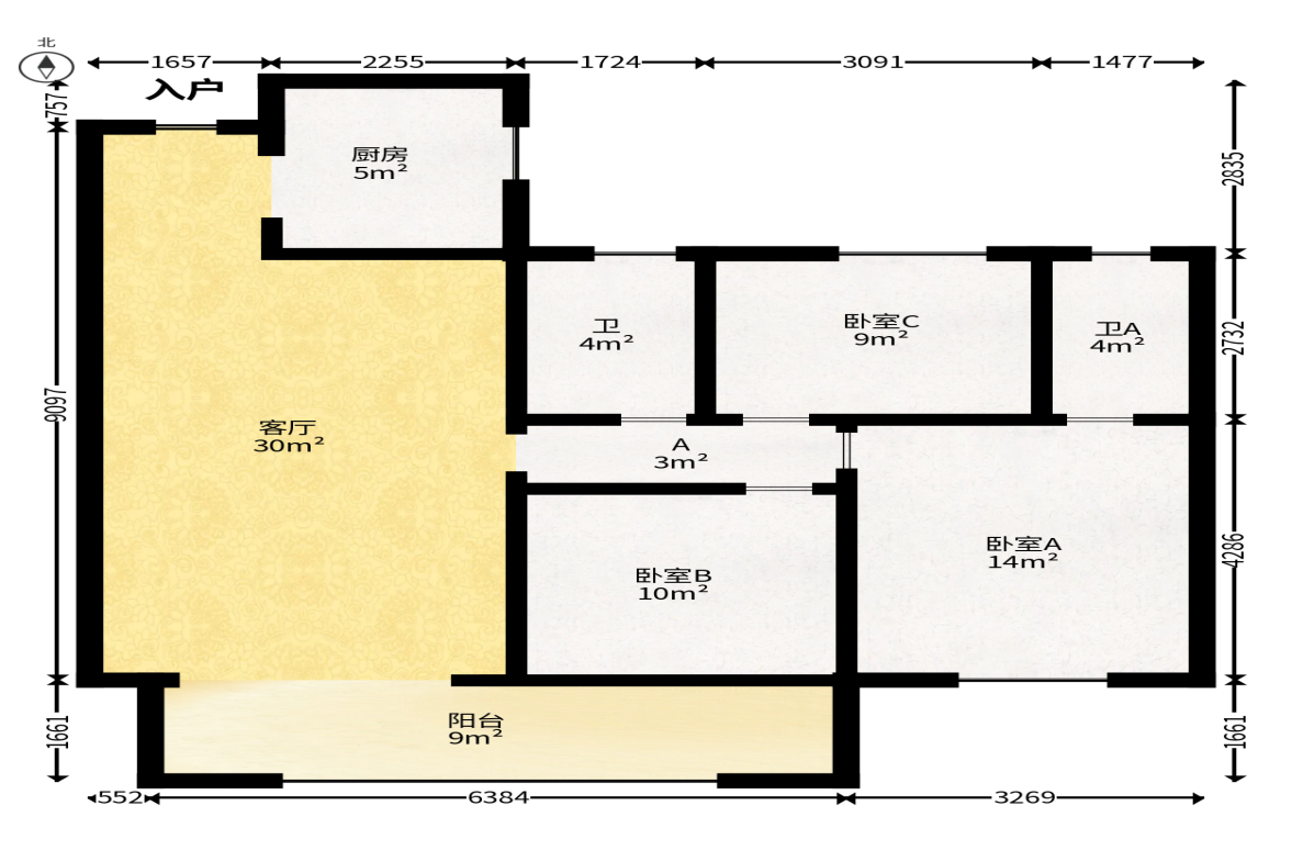 长房悦香山  3室2厅2卫   155.00万户型图