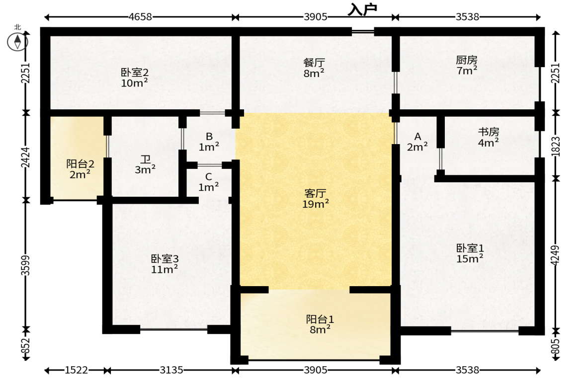 上东辛顿公寓  3室2厅2卫   85.00万户型图