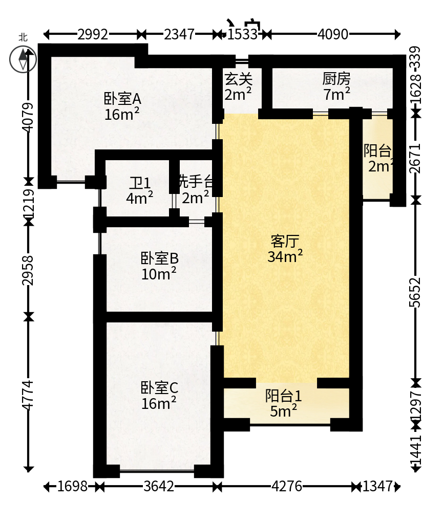 中海国际一期  3室2厅1卫   75.00万户型图