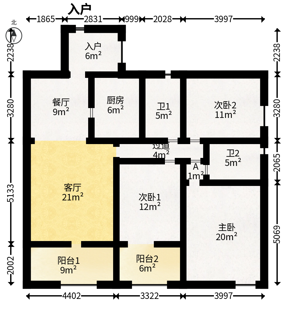 滨江君悦香邸  3室2厅2卫   133.00万户型图