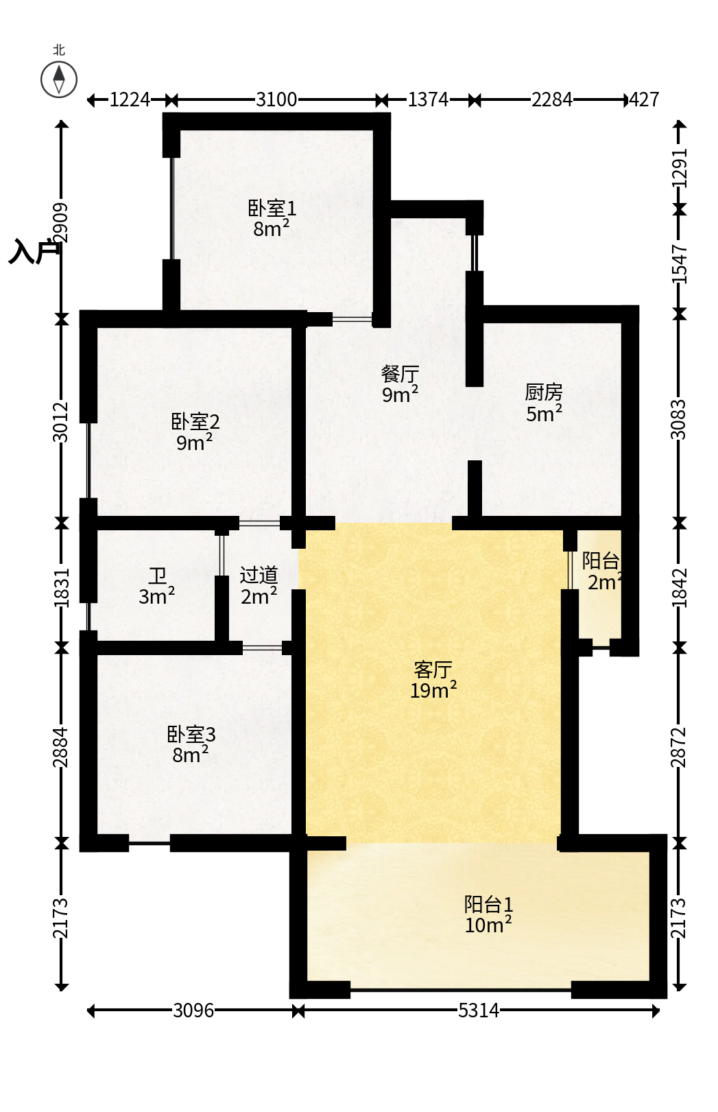 浩龙音乐界  3室2厅1卫   45.00万户型图