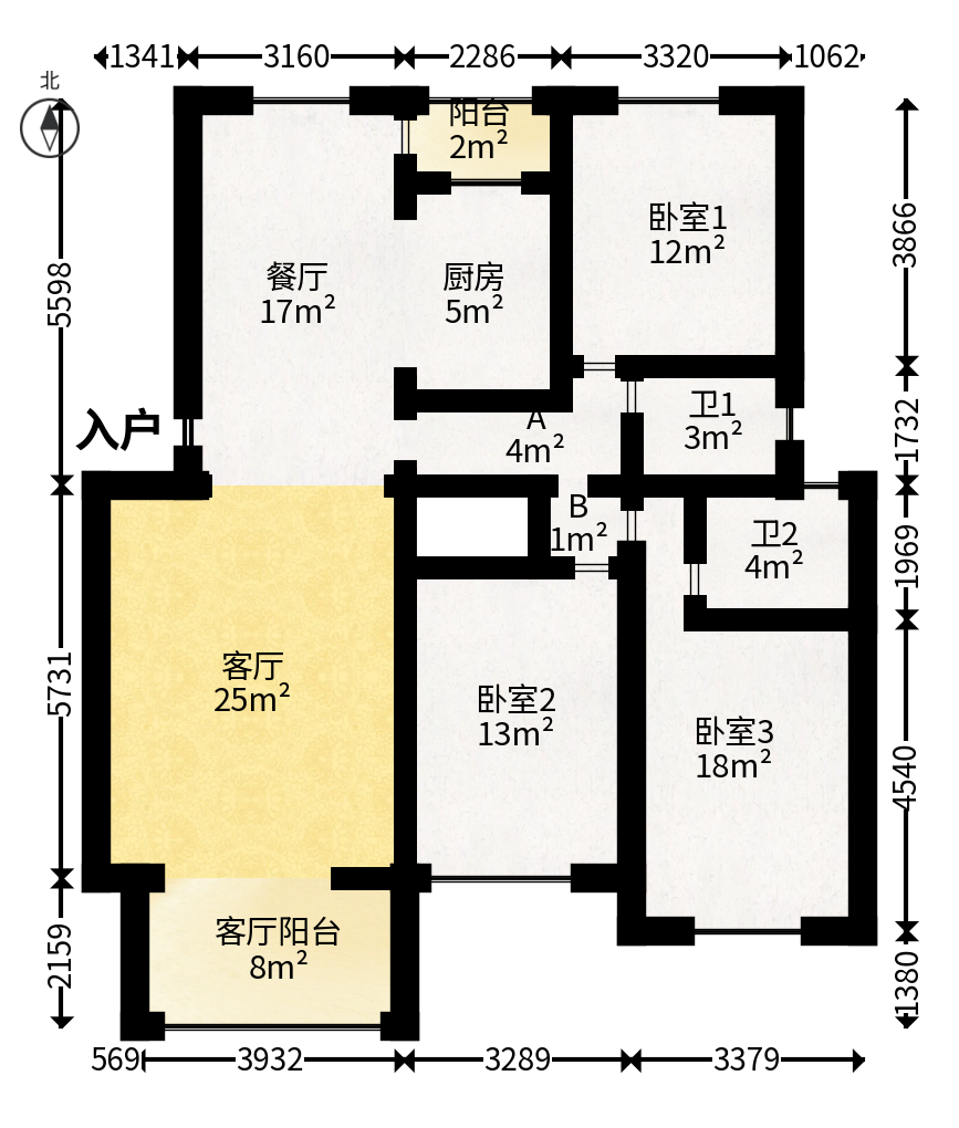 柠檬丽都  3室2厅2卫   98.00万户型图