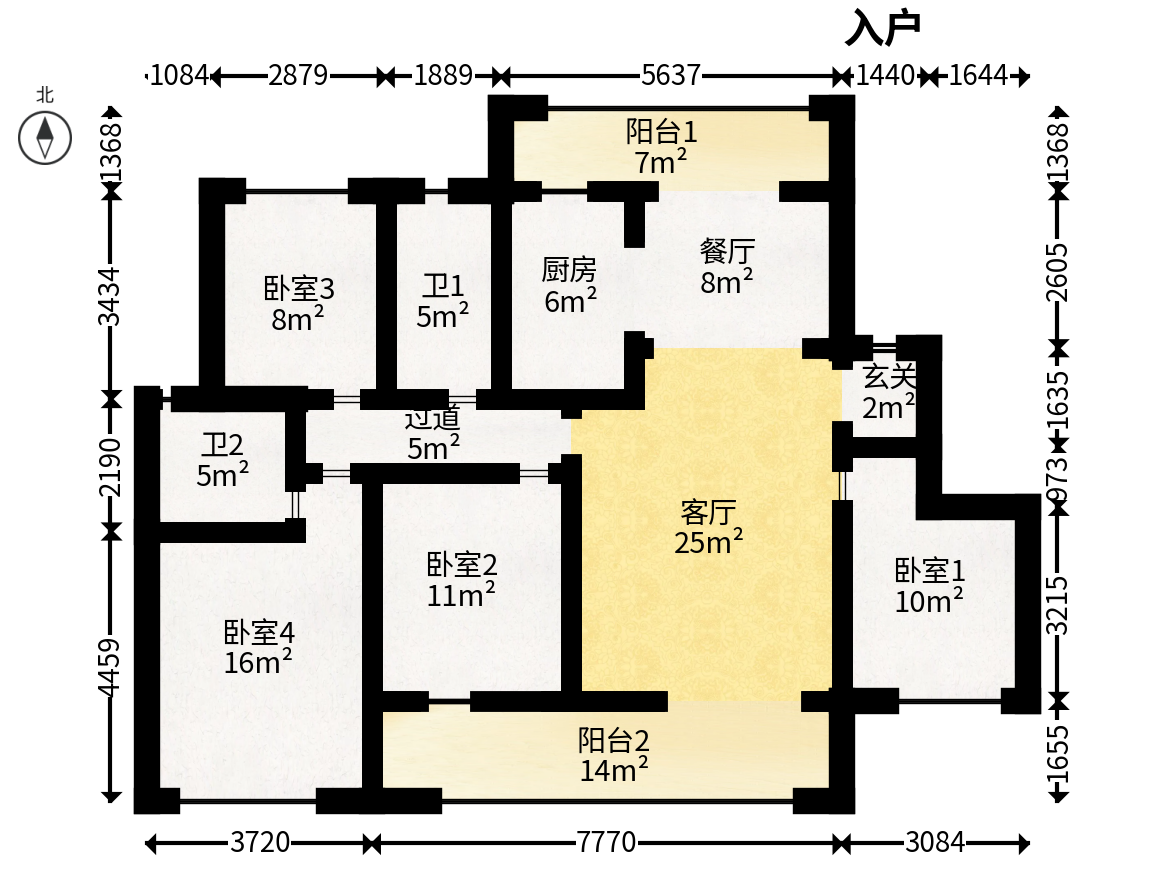 润和湘江天地E区  4室2厅2卫   162.00万户型图