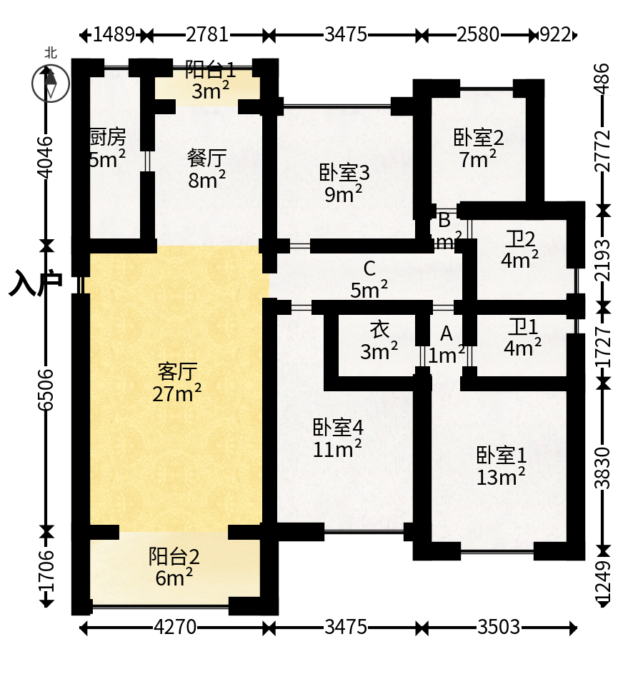 阳光城尚东湾凌云府  4室2厅2卫   128.00万户型图
