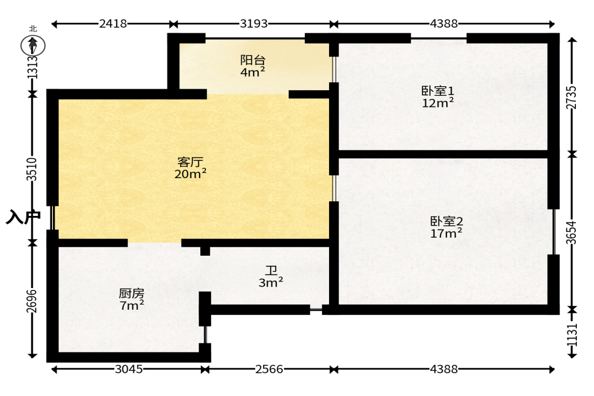 长沙卷烟厂高层小区  2室1厅1卫   48.80万户型图