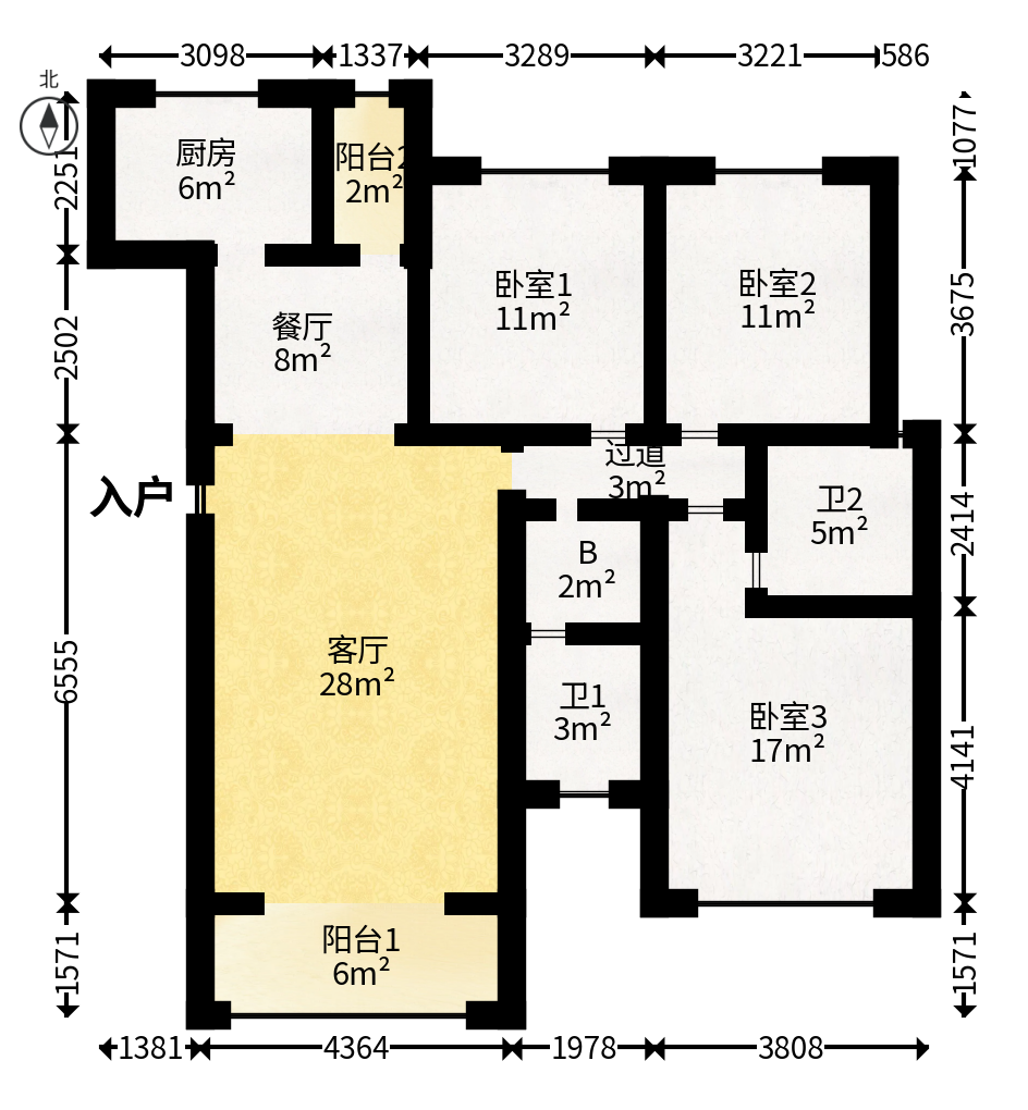 长房东郡  3室2厅2卫   142.60万户型图