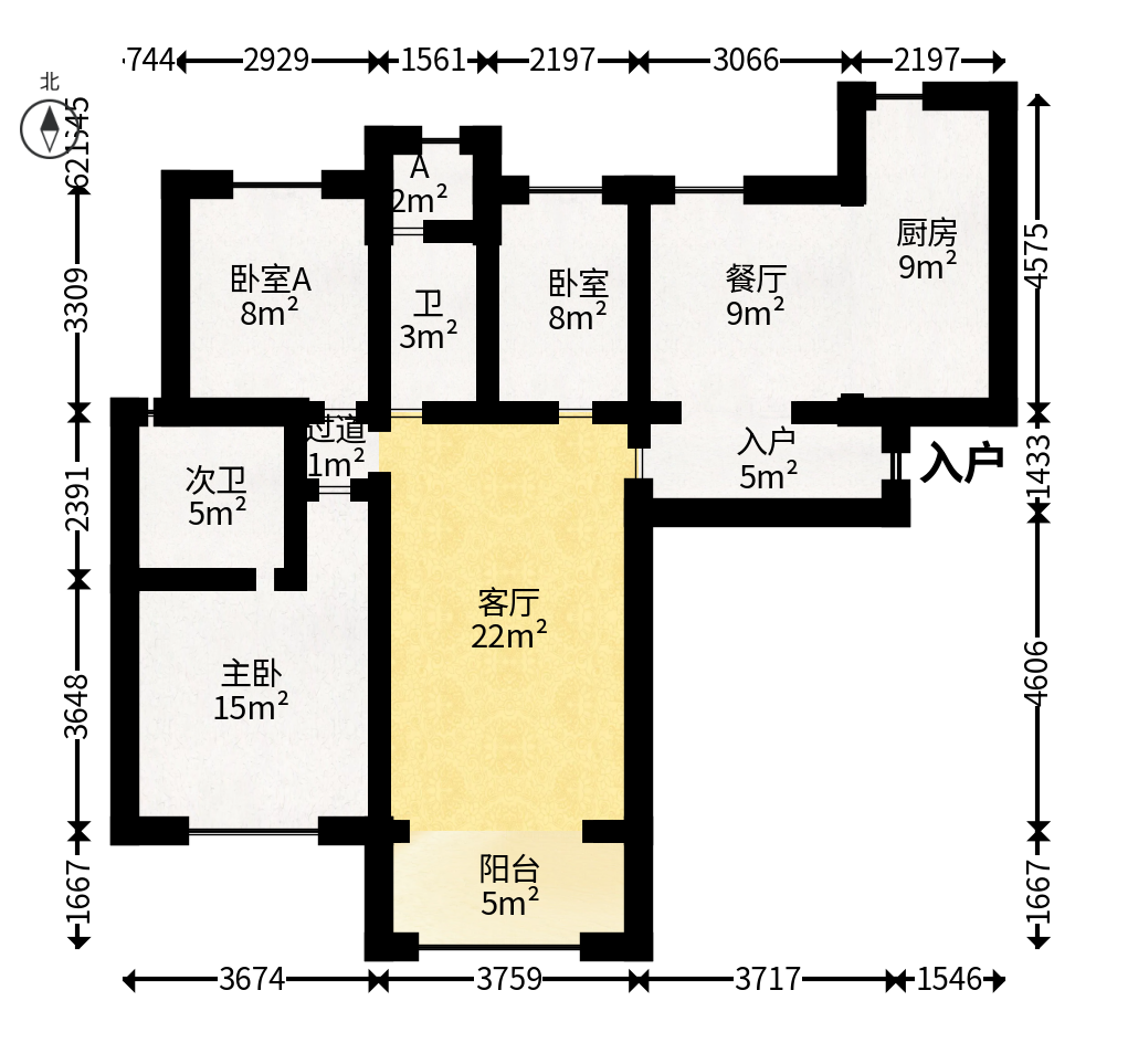 华润五彩城  3室2厅2卫   86.80万户型图