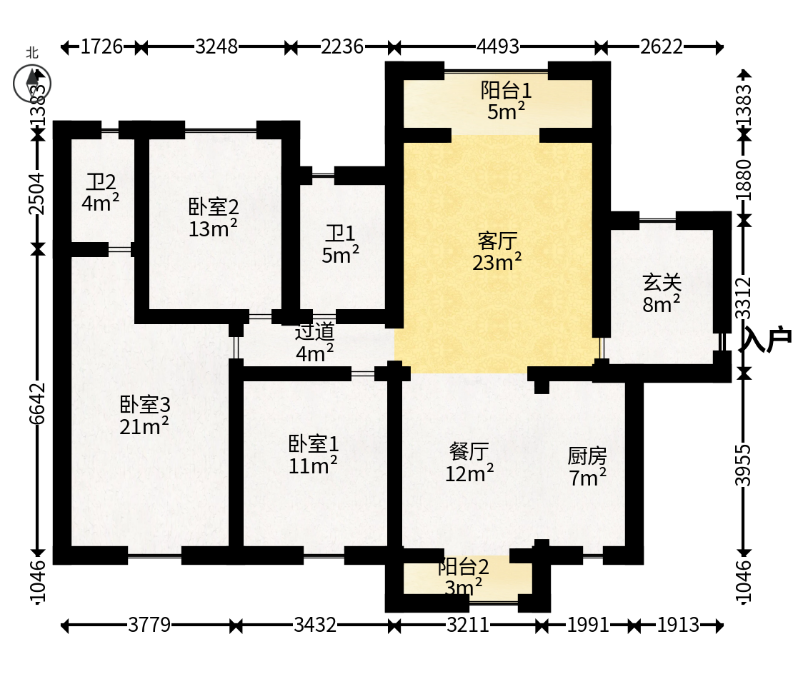 润和又一城  3室2厅2卫   90.00万户型图