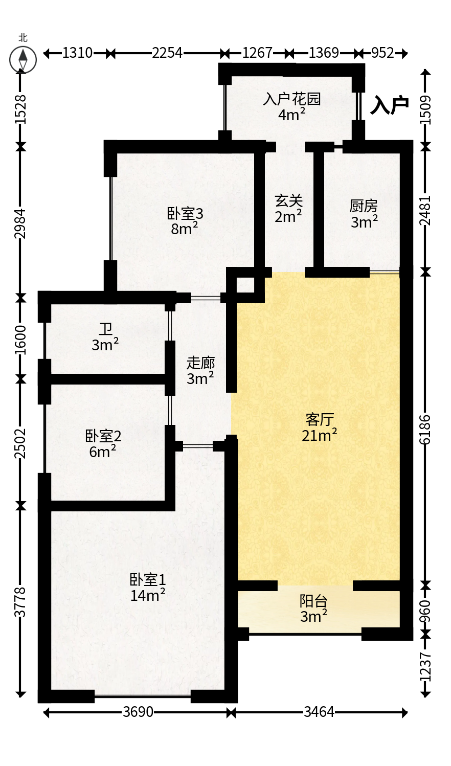 上海城小区  3室2厅1卫    76.0万户型图