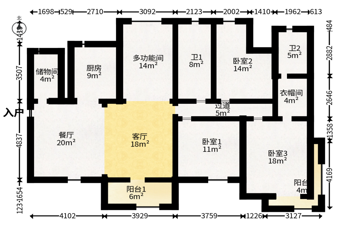 勤诚达新界  4室2厅2卫   107.00万户型图
