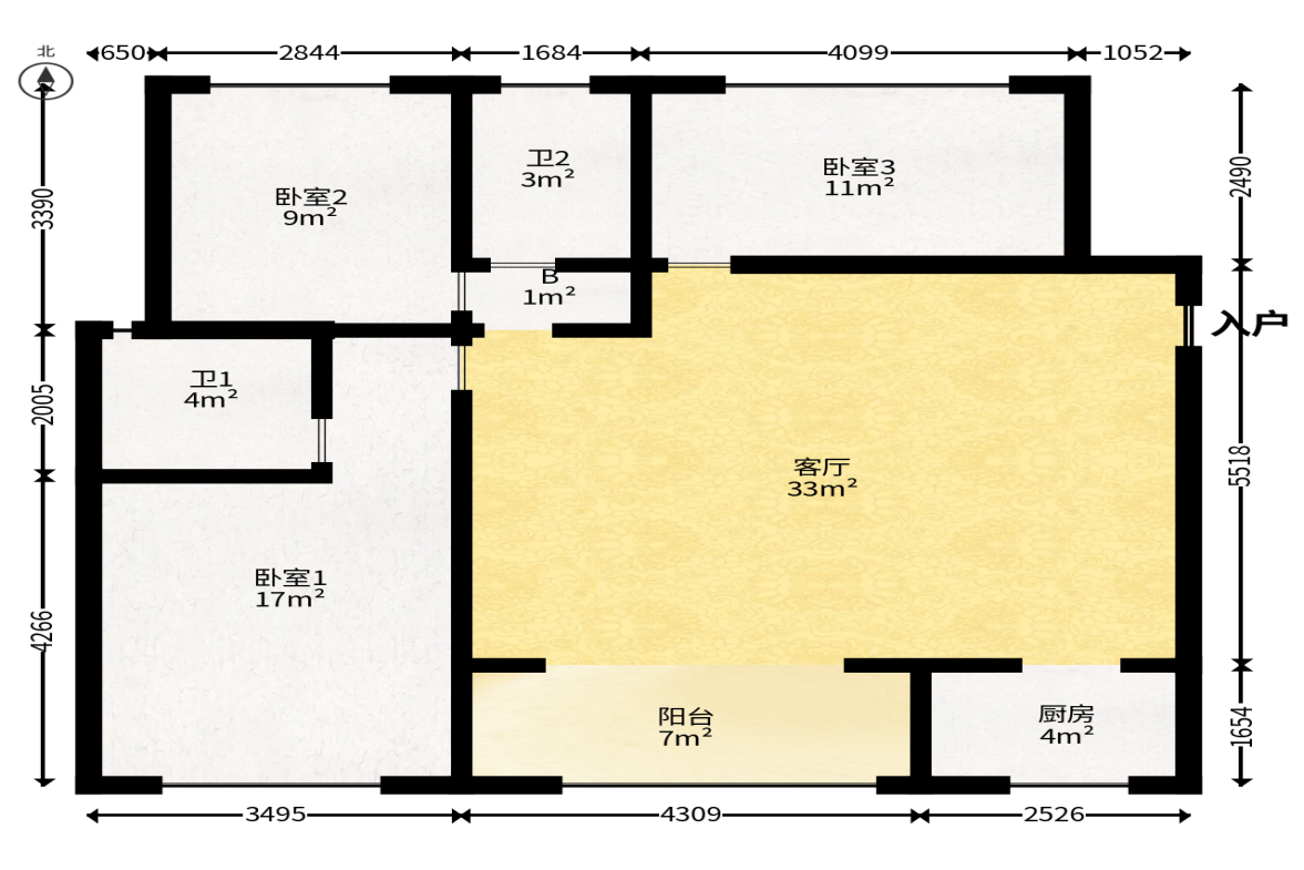 荣盛花语书苑  3室2厅1卫    96.0万户型图