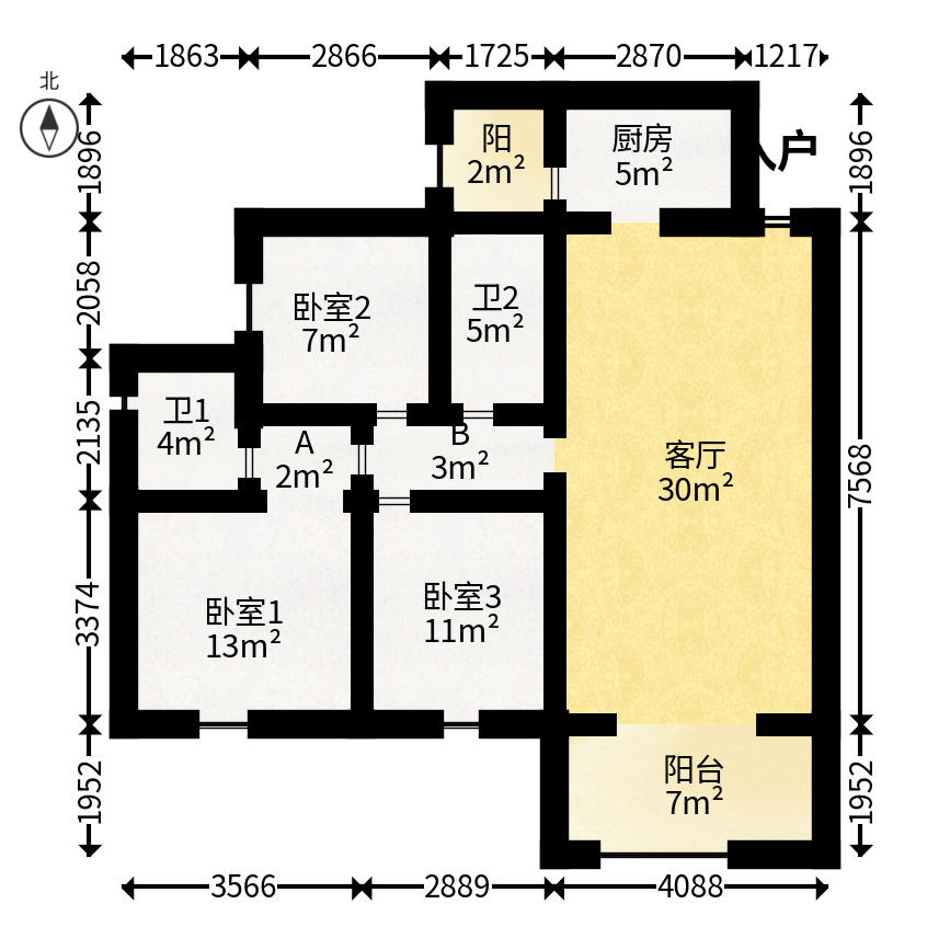 长房东旭国际  3室2厅2卫   130.00万户型图