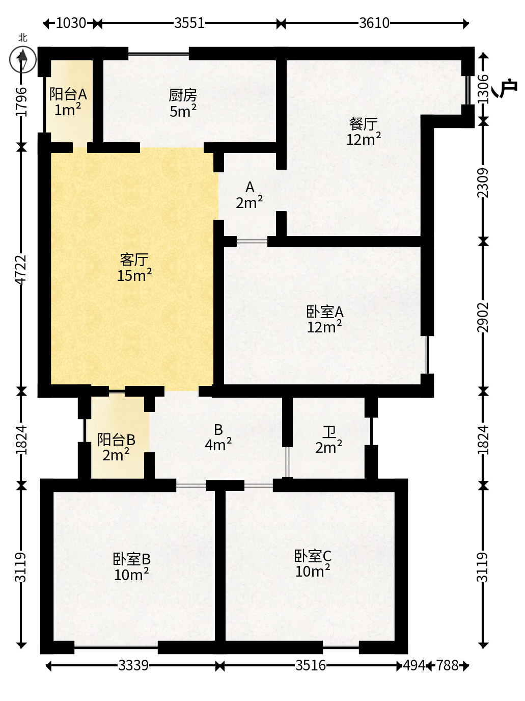 宜家湘颂（景致雅苑）  3室2厅1卫   80.00万户型图