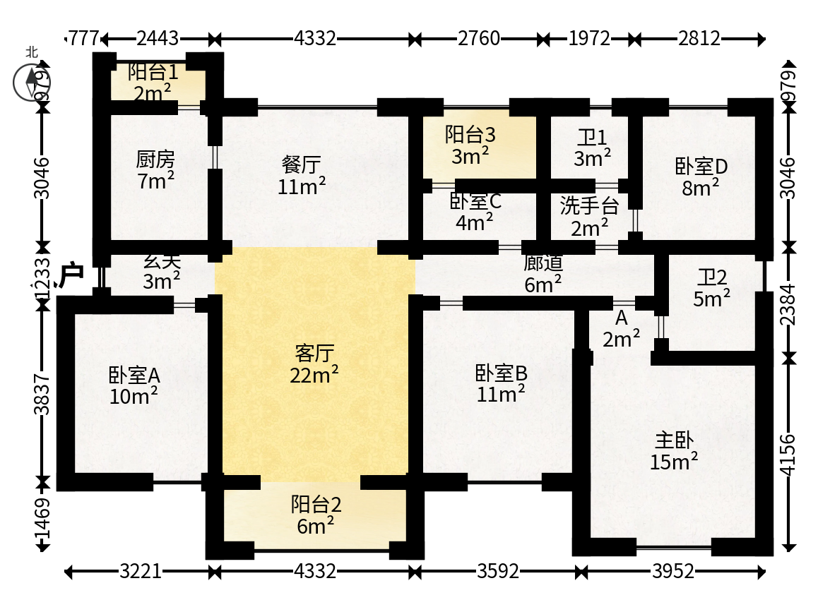 蔷薇国际  4室2厅2卫   88.00万户型图