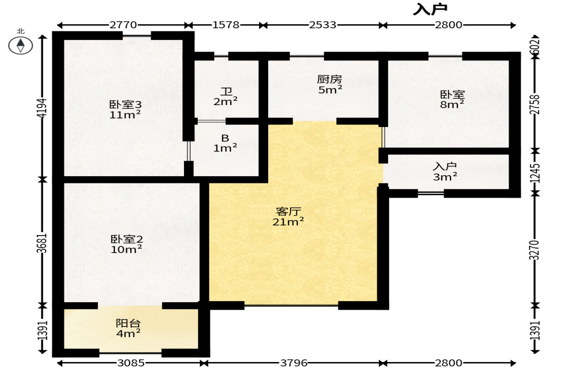荣盛花语馨苑  3室2厅1卫   68.00万户型图