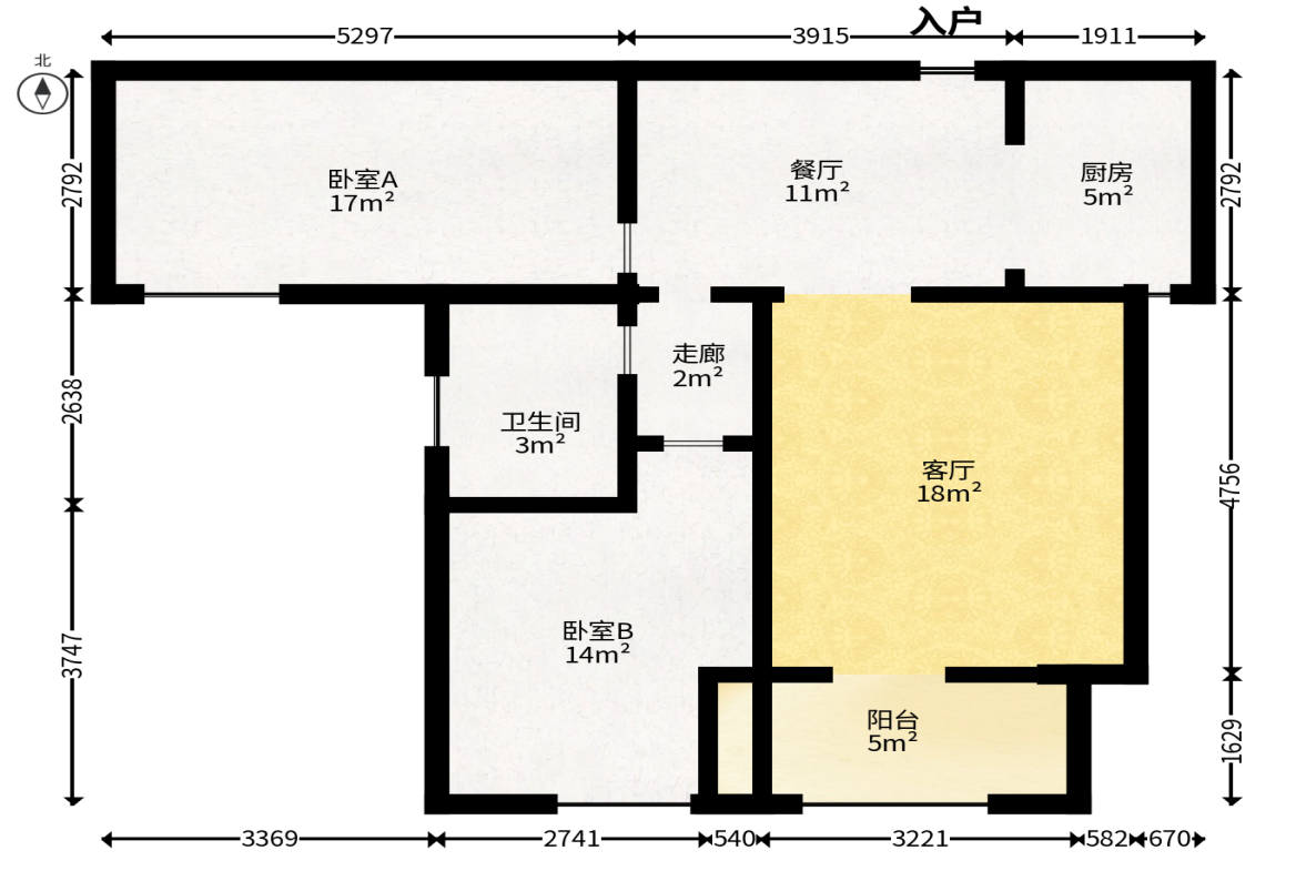 长城水郡  1室2厅1卫   64.00万户型图