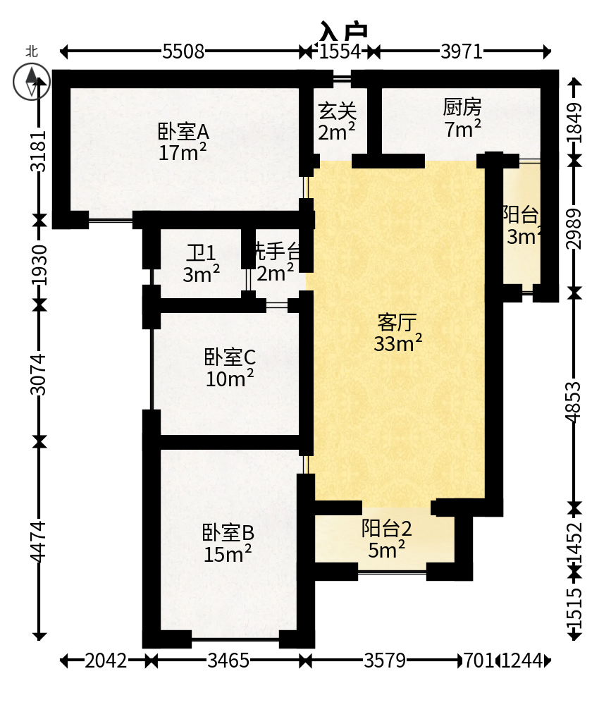 中海国际四期  3室2厅1卫   68.00万户型图