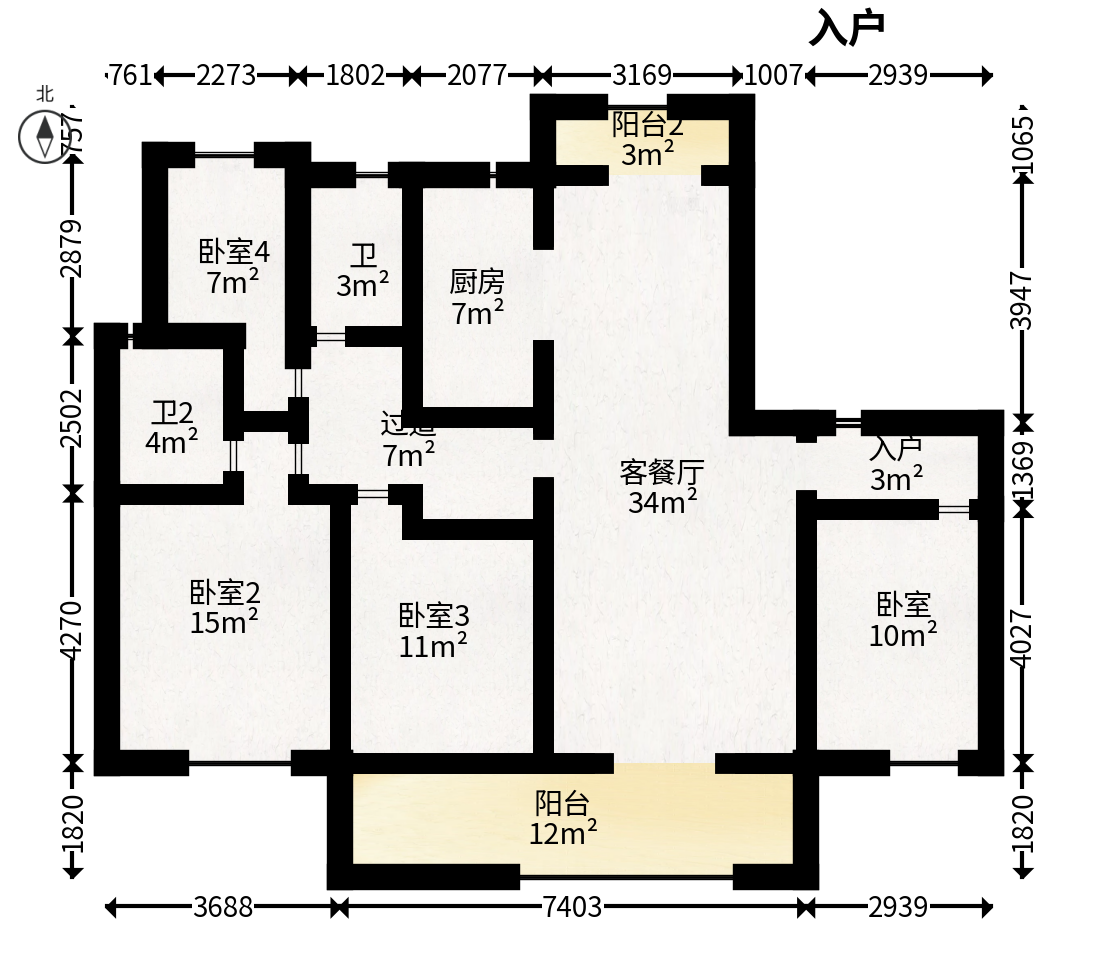 招商雍山湖  4室2厅2卫   225.00万户型图