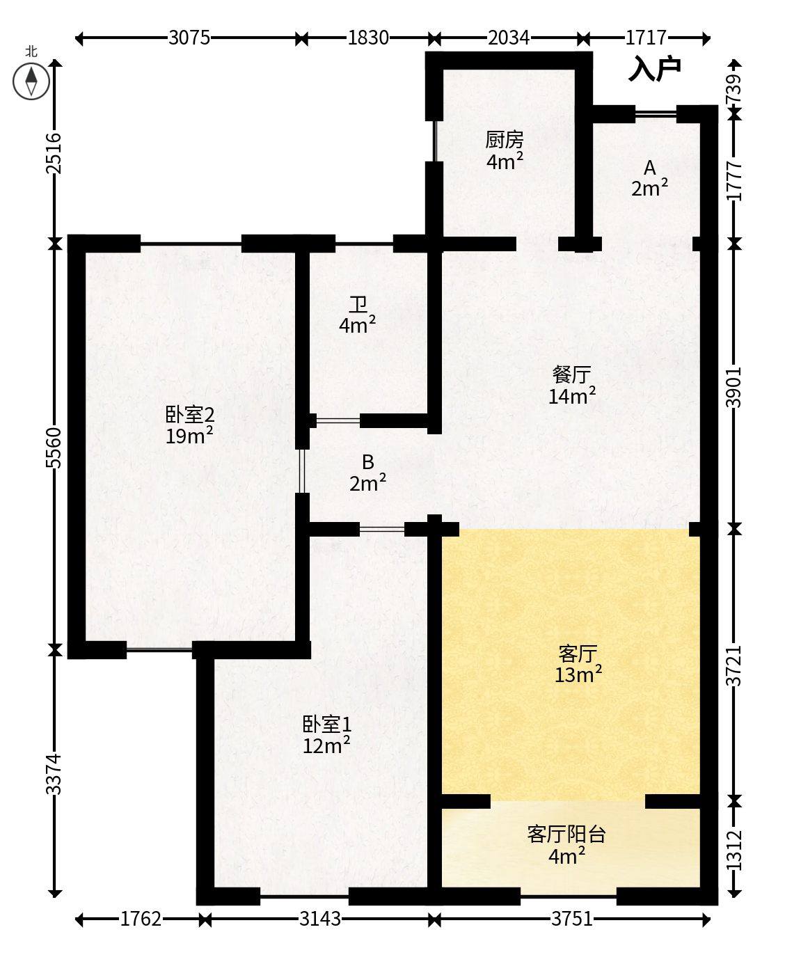 润屋美院  3室2厅1卫   98.00万户型图