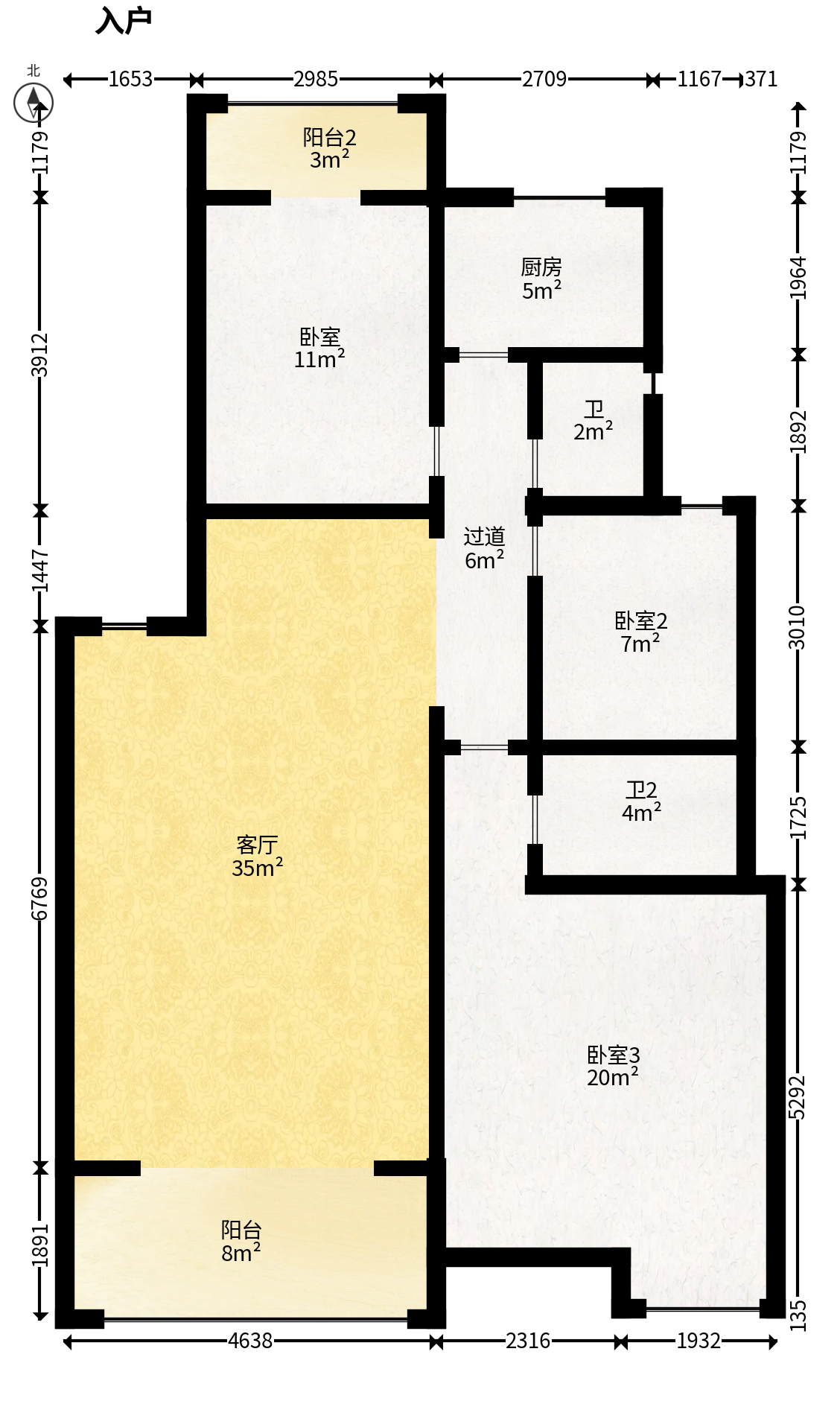 水木兰庭  3室2厅2卫   65.00万户型图