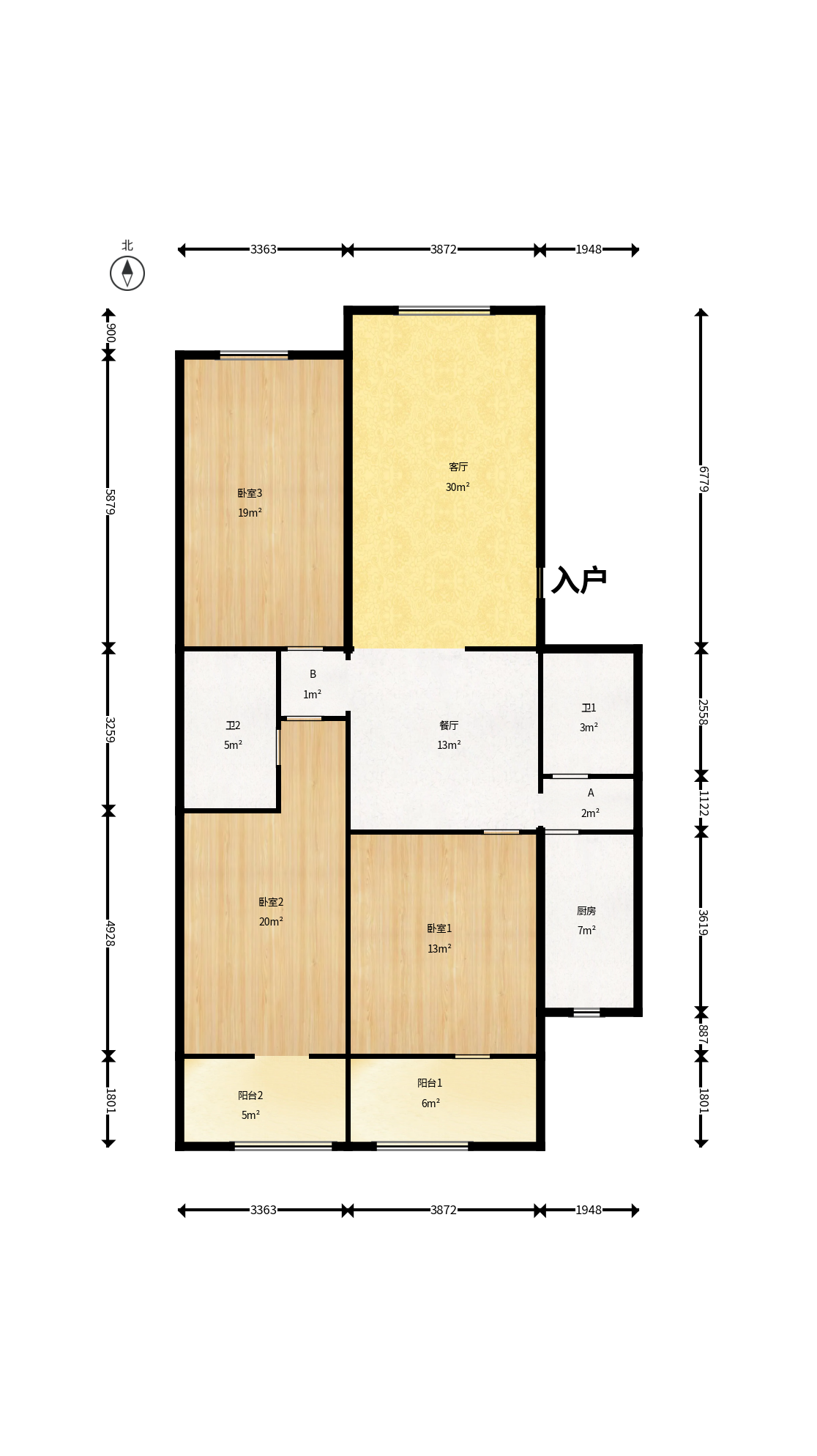 白沙苑  3室2厅2卫   75.60万户型图