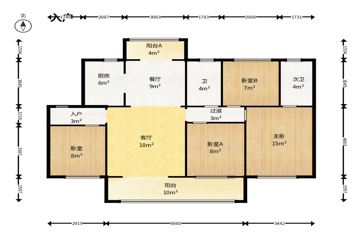 东原麓印长江B区  4室2厅2卫   180.00万户型图