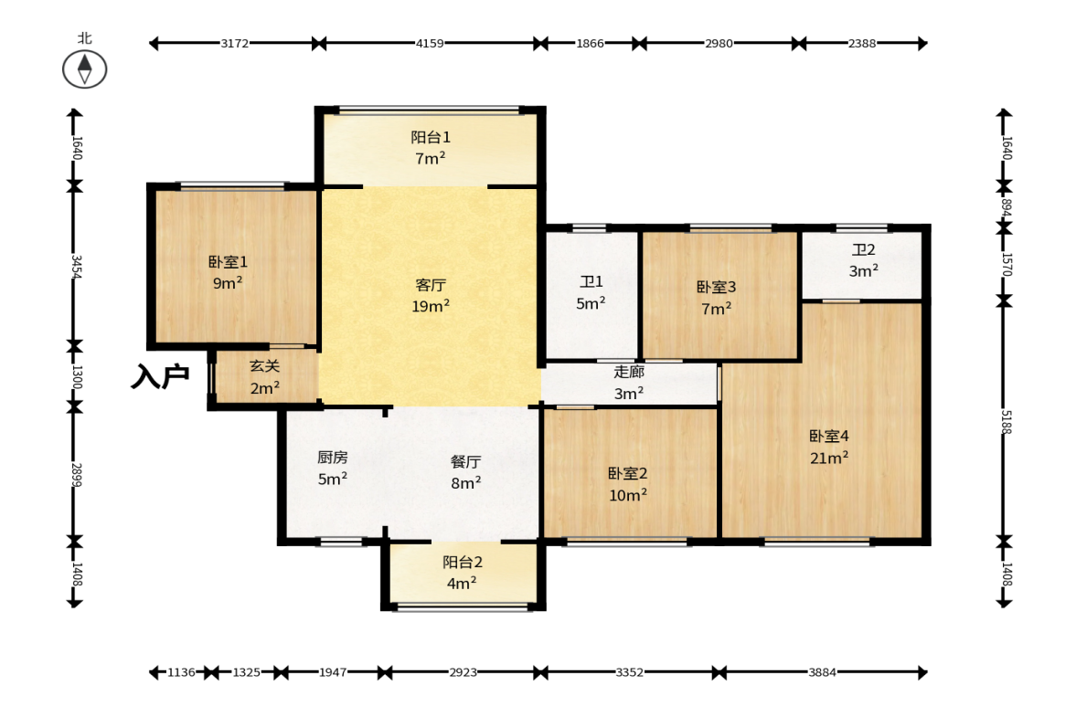 上海城小区  4室2厅2卫   130.00万户型图