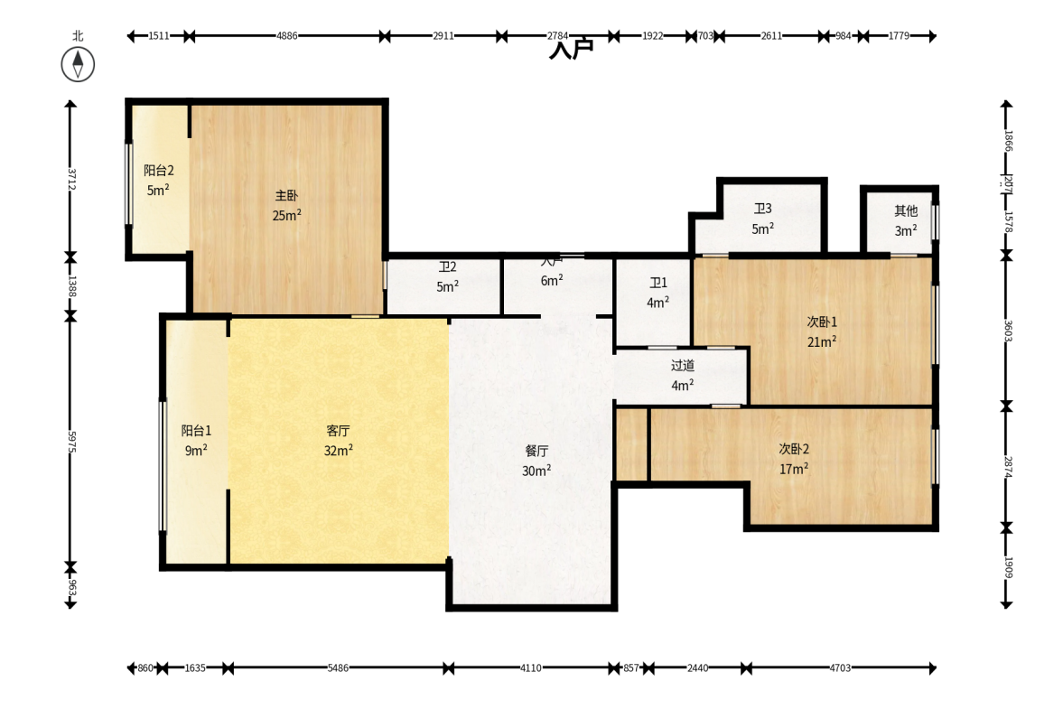北辰定江洋 3室2厅2卫 330.0万 北辰定江洋 3室2厅2卫 330.0万户型图