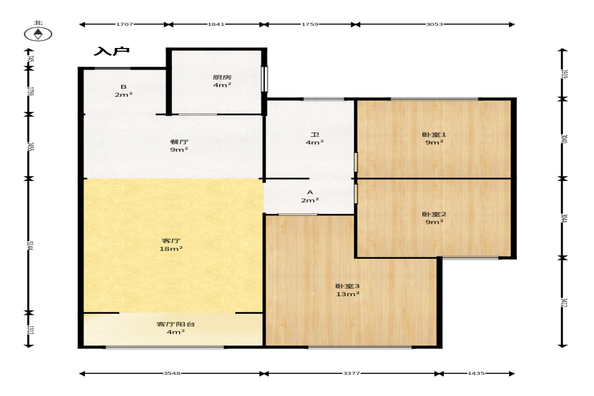 润屋美院  3室2厅1卫   88.00万户型图