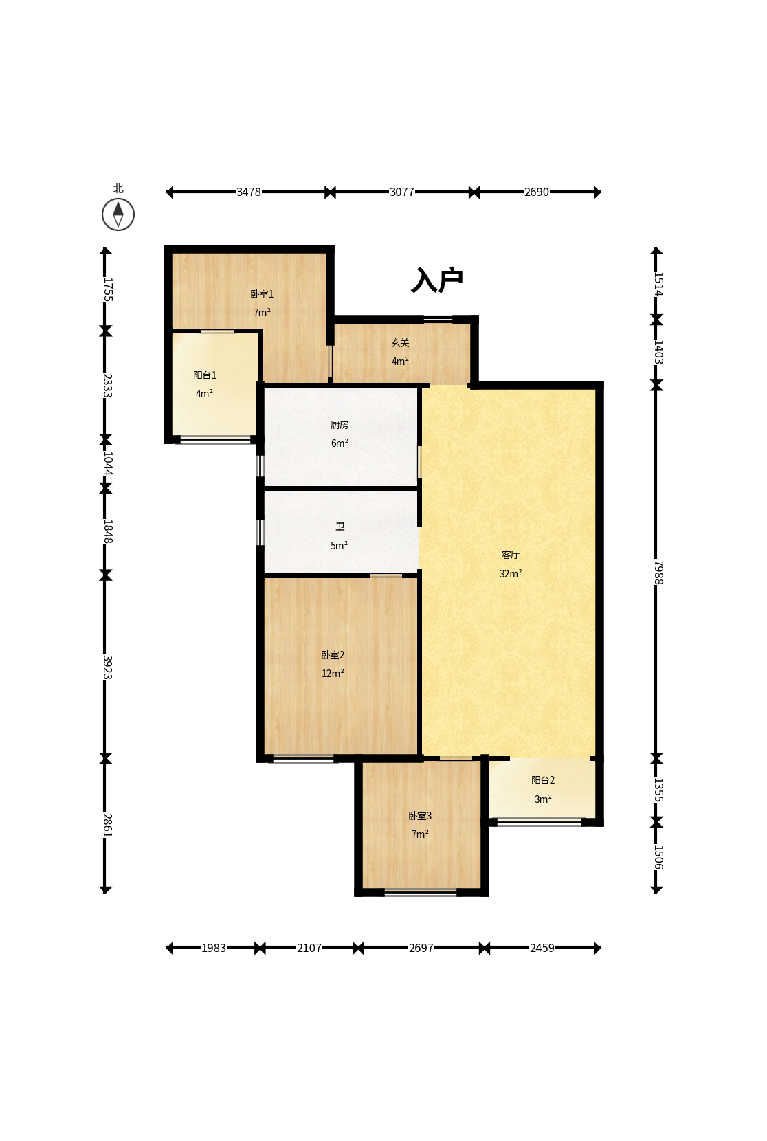 勤诚达境界城  3室2厅1卫    55.0万户型图