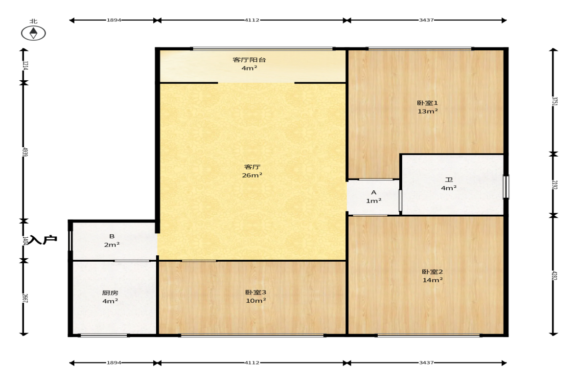 和庄  3室1厅1卫    88.0万户型图