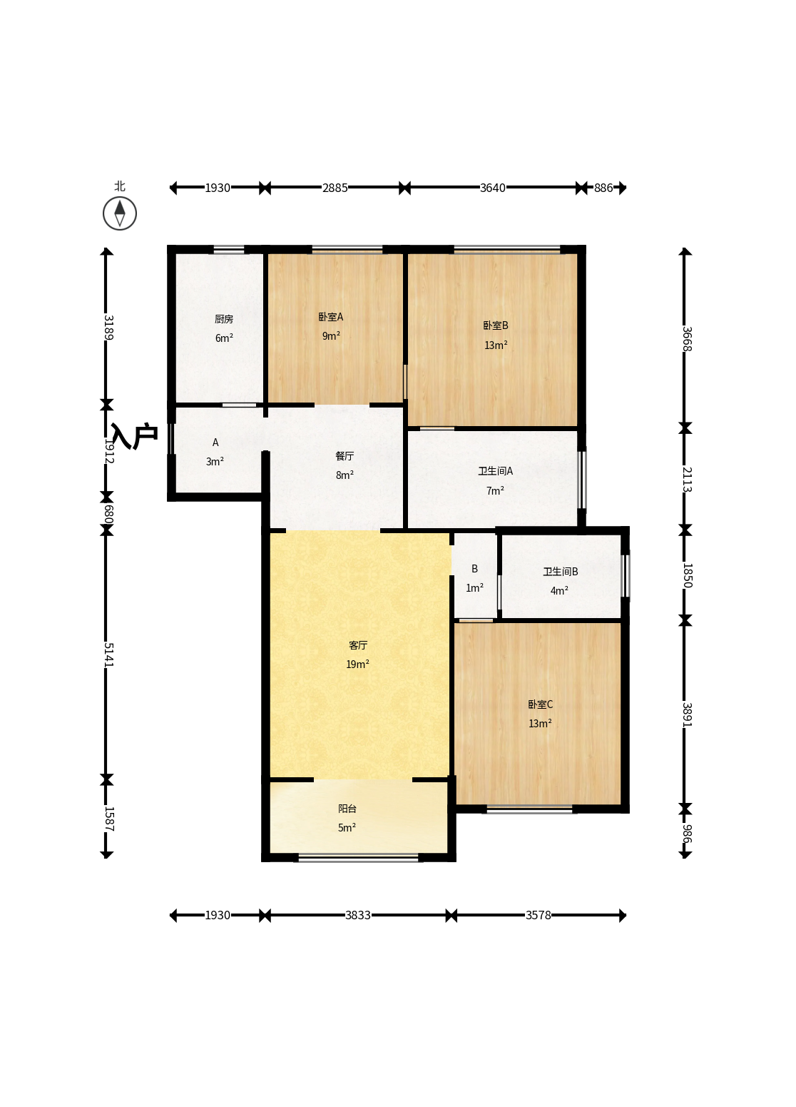 绿地新都会  3室2厅2卫    66.8万户型图
