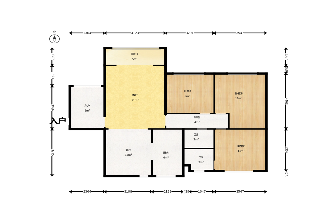 九龙领仕汇  3室2厅2卫    43.8万户型图